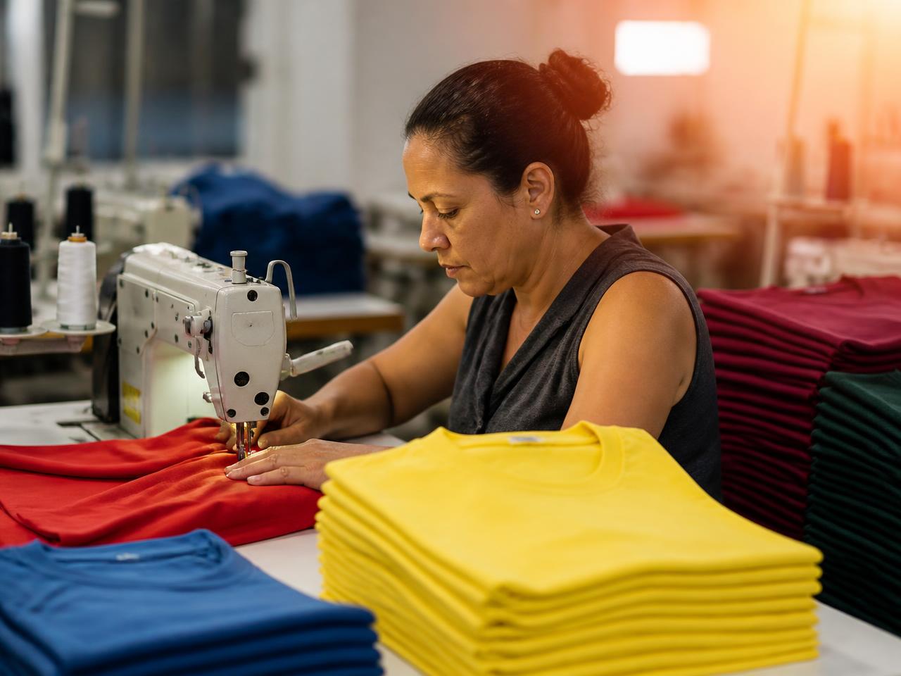 Costureira produzindo camisas na malharia